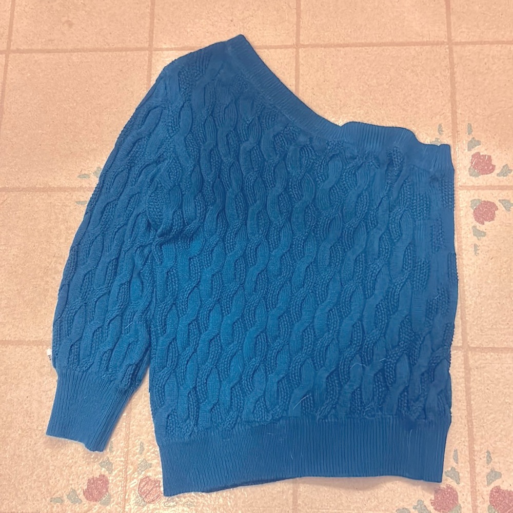 New York & Co One Shoulder Cable Knit Sweater Teal XL